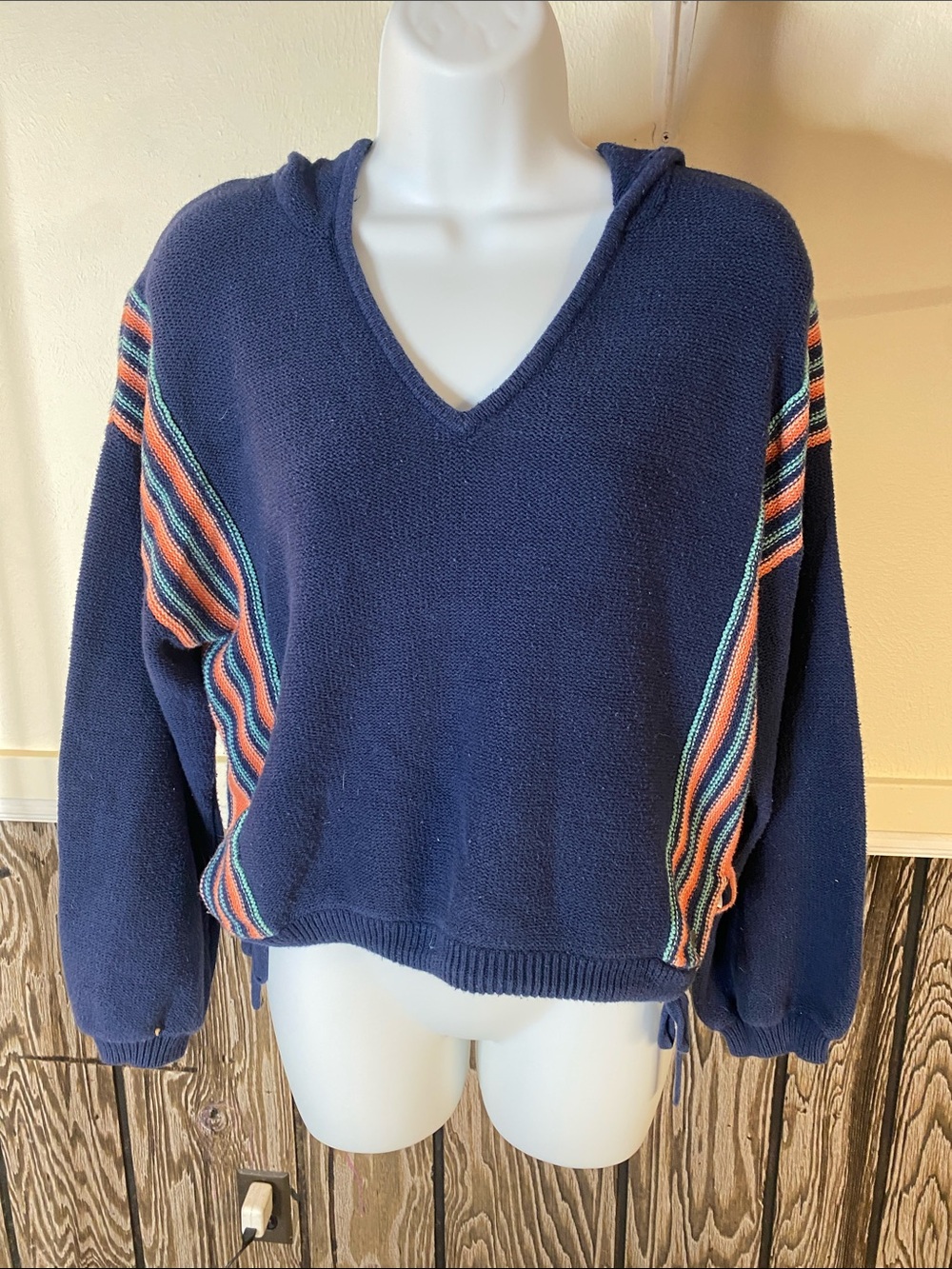 Roxy Navy V-Neck Hooded Sweater with Coral, Teal & Cream Stripesi